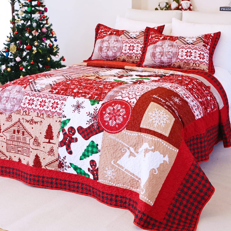EVENHUG Queen Size Quilt Christmas Theme Bedding Set with Pillow Shams Reversible Red Floral Bedspread Coverlet Lightweight Christmas Holiday Bed Cover for Bedroom Home Decoration (92""x96"") - Image 1