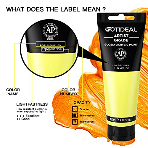 GOTIDEAL Metallic Acrylic Paint Pearl Clon Yellow Tubes(120ml, 4.1 oz) Non Toxic Non Fading,Rich Pigments for Painters, Adults & Kids, Ideal for Canvas Wood Clay Fabric Ceramic Craft Supplies - Image 2