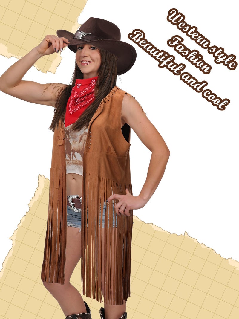 Hercicy Western Outfits for Women Cowgirl Tassel Sleeveless Vest Cowboy Hat Belt and Paisley Bandana for Halloween Dress Up (Brown, XX-Large) - Image 5