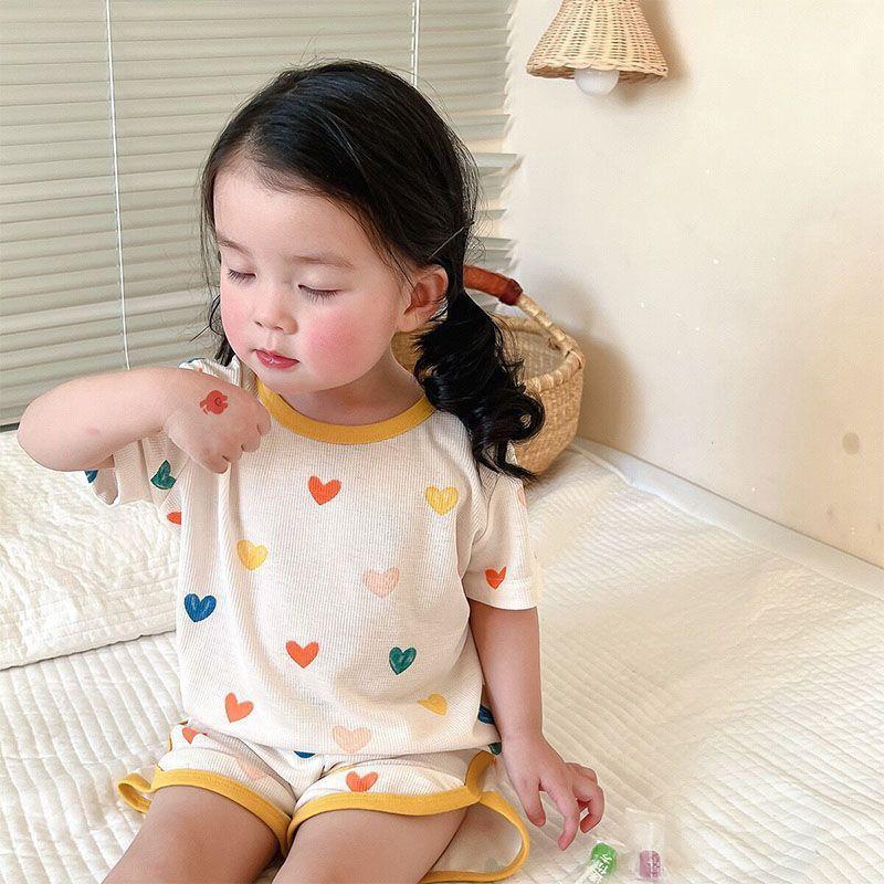 Cartoon Fabric Babys suit Wide Pine Summer Short-sleeved Shorts Childrens Pajamas Boys and Girls Ice Two Home Clothes Empty New Product 610# Love 