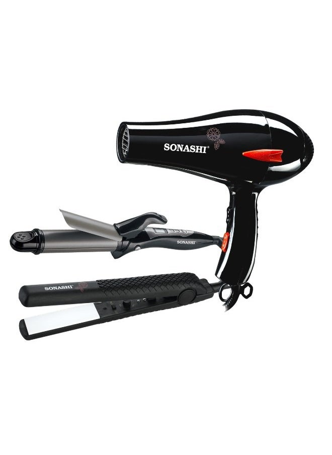 SONASHI - 3-piece Hair Styling Set Straightener, Curler & Dryer Combo Black SHD-3009 + SHC-3005 + SHS-2006 Bundle - Image 1