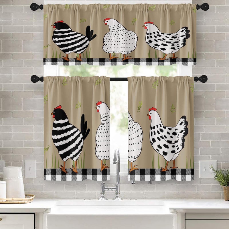 Tayney Rooster Kitchen Window Curtains Valance and Tier Set 36 Inch Farmhouse Black White Chicken Rod Pocket Short Tier Curtain, Vintage Rustic Small Drapes for Kitchen Decor - Image 1