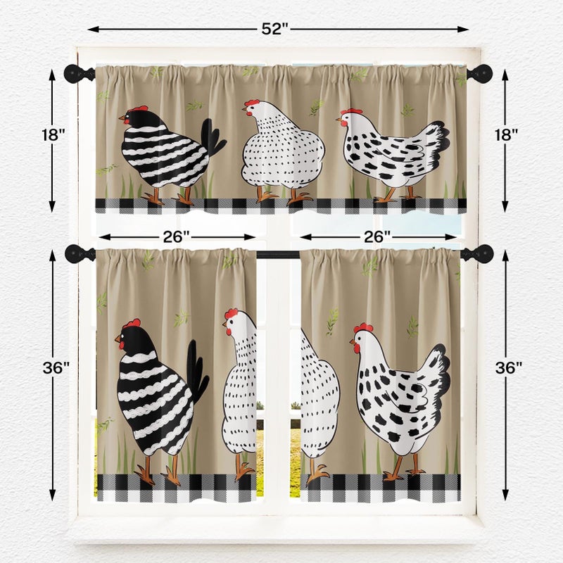 Tayney Rooster Kitchen Window Curtains Valance and Tier Set 36 Inch Farmhouse Black White Chicken Rod Pocket Short Tier Curtain, Vintage Rustic Small Drapes for Kitchen Decor - Image 4