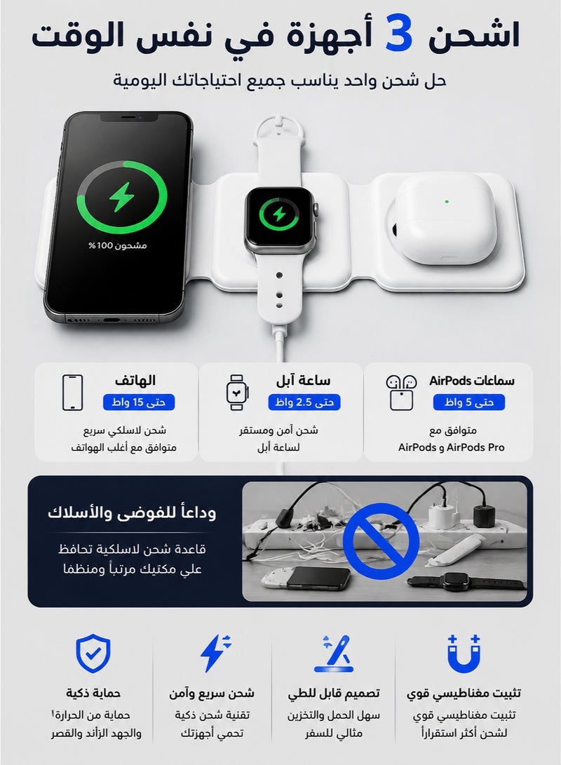 اوليو شاحن لاسلكي مغناطيسي 3 في 1 قابل للطي – محطة شحن سريع للآيفون وساعة آبل وسماعات AirPods – حامل شحن محمول للسفر - Image 1