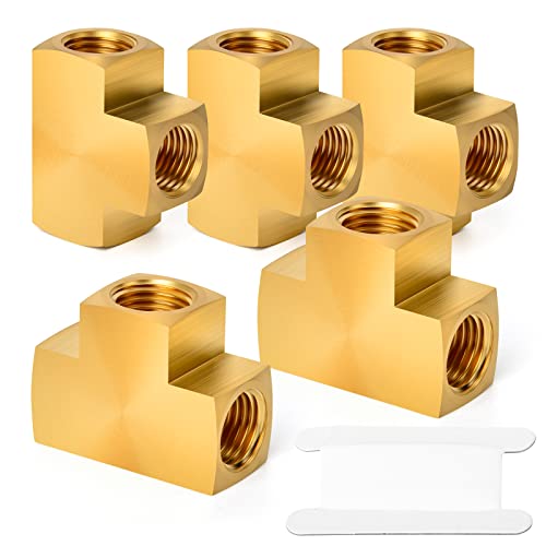 GASHER 5 Pcs Brass Barstock Tee, 1/4" x 1/4" x 1/4" NPT Female Pipe Fittings - Image 1