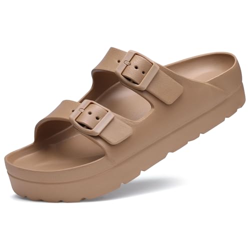 Goosecret Women's Platform Sandals with Arch Support Chunky Lightweight Foam Slip on Slides Comfortable Summer Beach Sandals with Adjustable Buckle Brown, 41(size 10) - Image 1