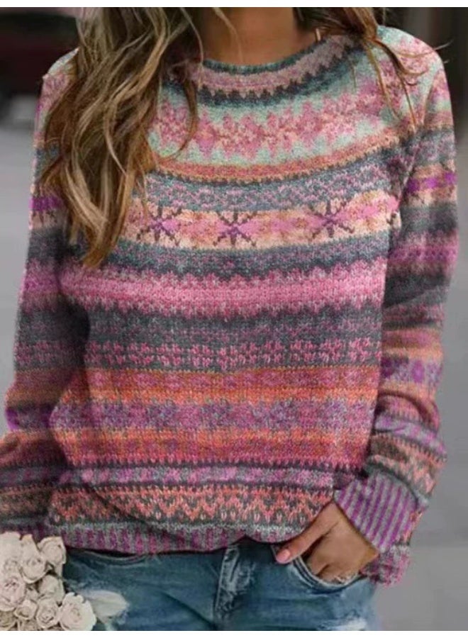 general Womens Fall Vintage Fair Isle Sweater Casual Loose Long Sleeve Crewneck Knitted Pullover Sweater Tops - Image 1