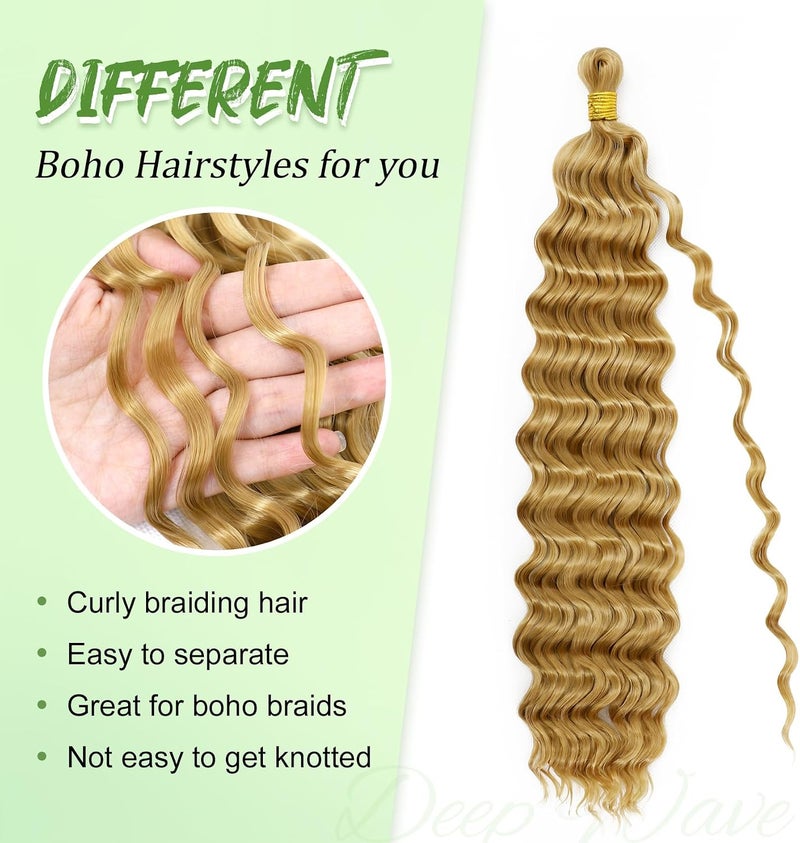 Eerya Long Curly Braiding Hair 18 Inch 2 Packs Honey Blonde Ocean Wave Crochet Hair for Black Women Deep Wave Braiding Hair for Boho Braids (18 inch, #27) - Image 3