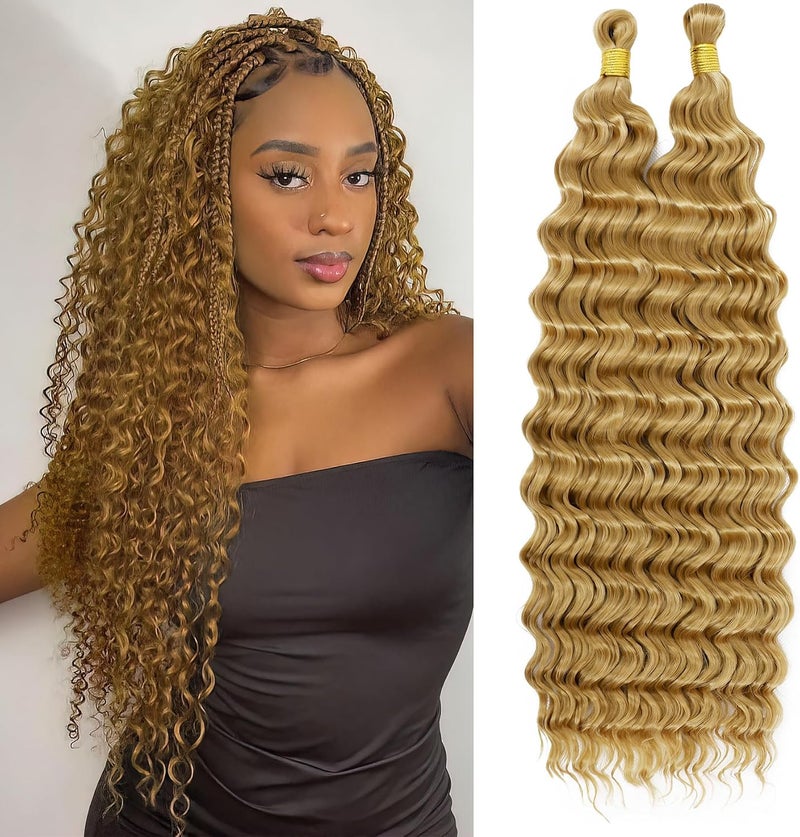 Eerya Long Curly Braiding Hair 18 Inch 2 Packs Honey Blonde Ocean Wave Crochet Hair for Black Women Deep Wave Braiding Hair for Boho Braids (18 inch, #27) - Image 1