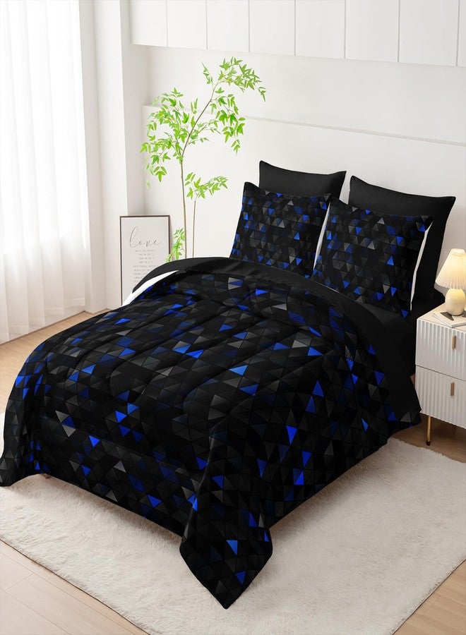 Nttopship Geometric Blue Black Triangle Full Size Comforter Set,Light Honeycomb Bedding Set 7 Piece in A Bag,Bed Sheet Set Geometry Decor,Microfiber Lightweight All Season - Image 2