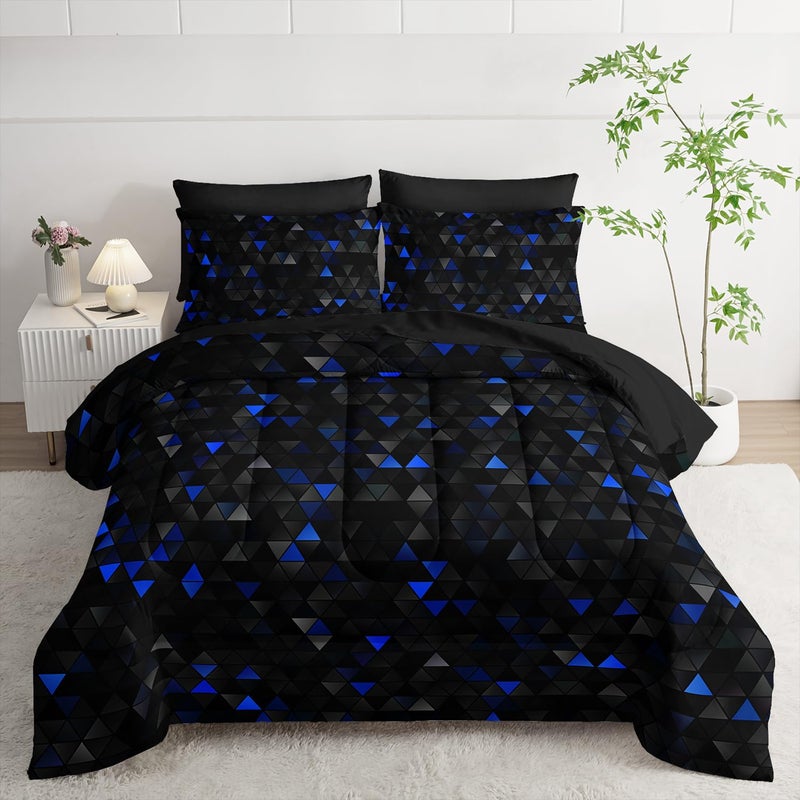 Nttopship Geometric Blue Black Triangle Full Size Comforter Set,Light Honeycomb Bedding Set 7 Piece in A Bag,Bed Sheet Set Geometry Decor,Microfiber Lightweight All Season - Image 1