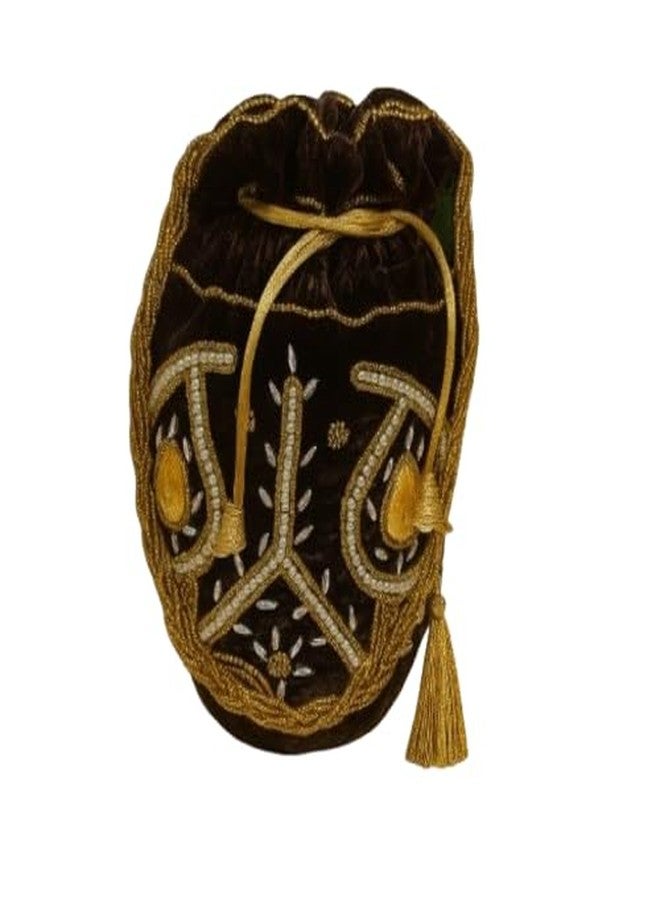 VINNIE Embroidered Velvet Potli Bag for Women | Traditional Wedding & Party Wear Drawstring Pouch | Ethnic Handbag with Golden Beads & Tassels (Brown) - Image 1