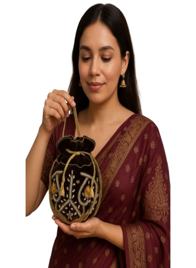 VINNIE Embroidered Velvet Potli Bag for Women | Traditional Wedding & Party Wear Drawstring Pouch | Ethnic Handbag with Golden Beads & Tassels (Brown) - Image 2