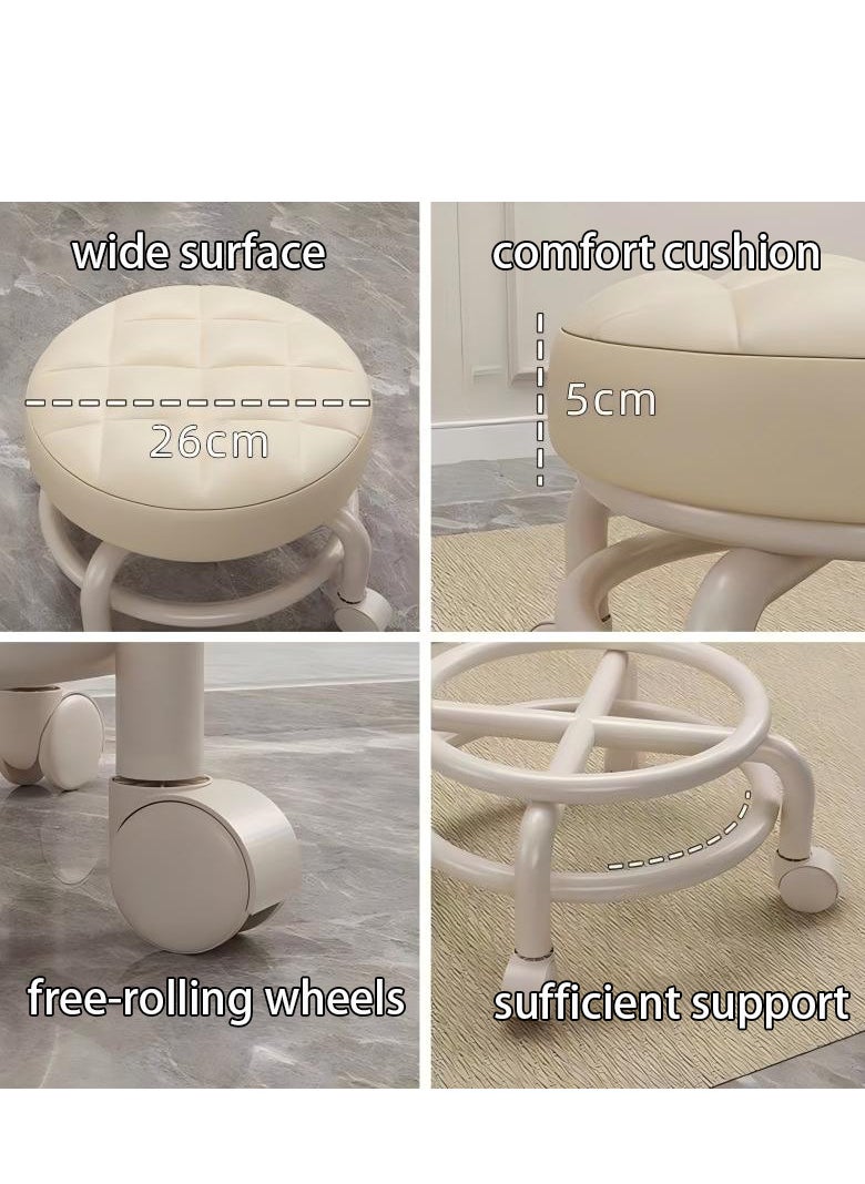 Round Rolling Low Stool with PU Leather, 360° Swivel for Enhanced Comfort, Featuring a Thickened Sponge Cushion.