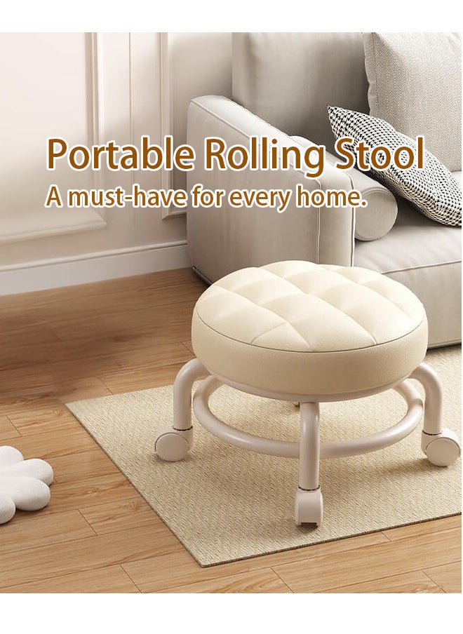 Round Rolling Low Stool with PU Leather, 360° Swivel for Enhanced Comfort, Featuring a Thickened Sponge Cushion.