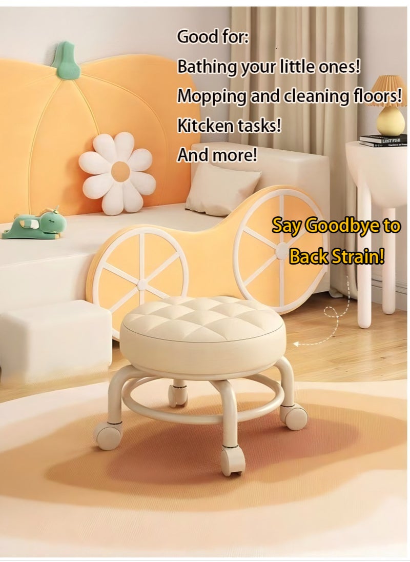 Round Rolling Low Stool with PU Leather, 360° Swivel for Enhanced Comfort, Featuring a Thickened Sponge Cushion.