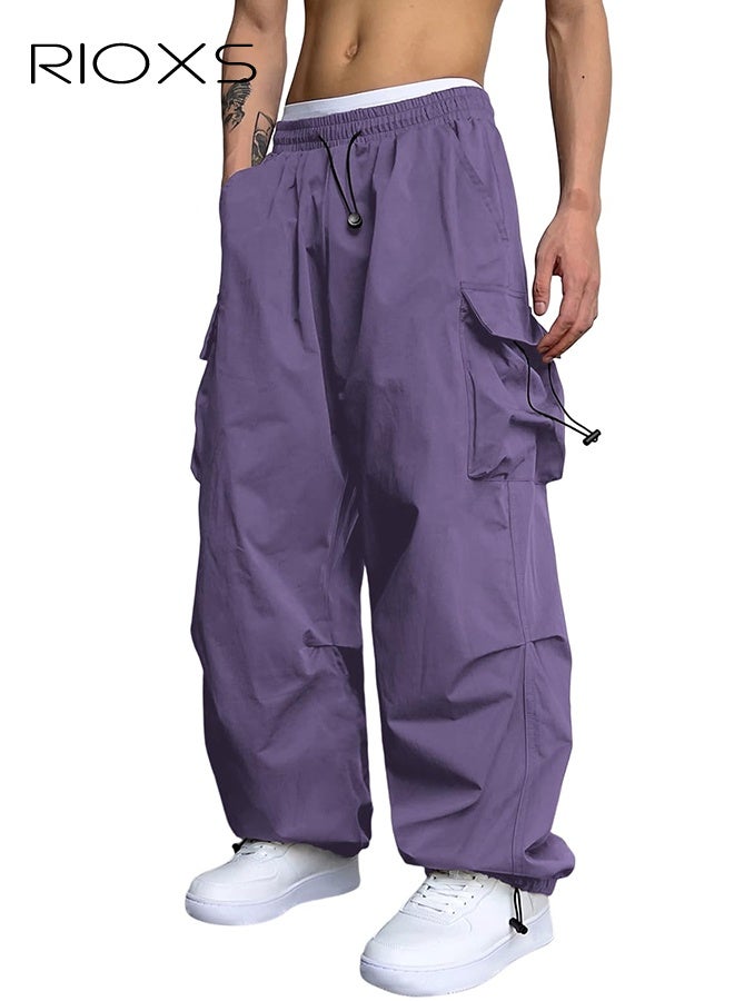 ريوكس ​​بنطلون كارغو رجالي أرجواني سريع الجفاف، بنطلون مظلة فضفاض بخصر متوسط مع جيوب متعددة، خصر مطاطي وأربطة قابلة للتعديل، بنطلون جري صيفي للارتداء في الهواء الطلق والكاجوال، بنطلون جري بخصر منخفض، بنطلون مناسب للمشي لمسافات طويلة، بنطلون جري عصري للشباب - Image 1