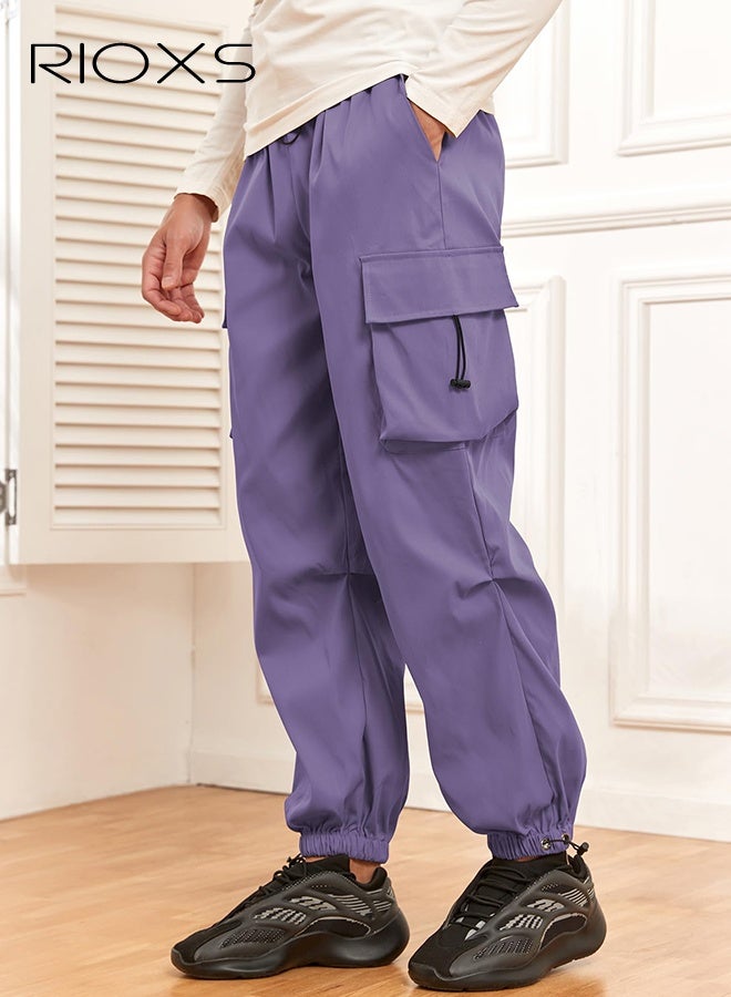 ريوكس ​​بنطلون كارغو رجالي أرجواني سريع الجفاف، بنطلون مظلة فضفاض بخصر متوسط مع جيوب متعددة، خصر مطاطي وأربطة قابلة للتعديل، بنطلون جري صيفي للارتداء في الهواء الطلق والكاجوال، بنطلون جري بخصر منخفض، بنطلون مناسب للمشي لمسافات طويلة، بنطلون جري عصري للشباب - Image 4