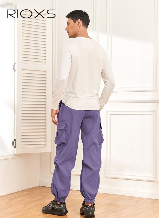 ريوكس ​​بنطلون كارغو رجالي أرجواني سريع الجفاف، بنطلون مظلة فضفاض بخصر متوسط مع جيوب متعددة، خصر مطاطي وأربطة قابلة للتعديل، بنطلون جري صيفي للارتداء في الهواء الطلق والكاجوال، بنطلون جري بخصر منخفض، بنطلون مناسب للمشي لمسافات طويلة، بنطلون جري عصري للشباب - Image 3