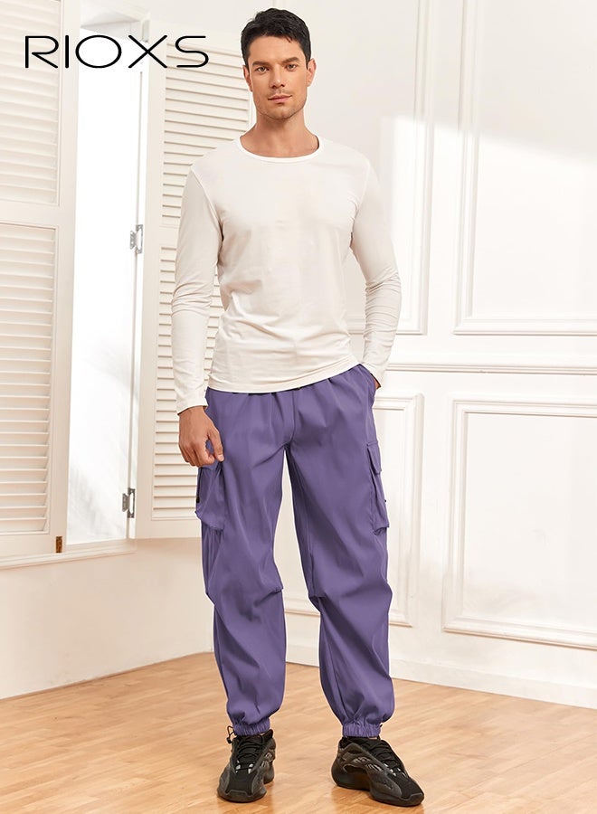 ريوكس ​​بنطلون كارغو رجالي أرجواني سريع الجفاف، بنطلون مظلة فضفاض بخصر متوسط مع جيوب متعددة، خصر مطاطي وأربطة قابلة للتعديل، بنطلون جري صيفي للارتداء في الهواء الطلق والكاجوال، بنطلون جري بخصر منخفض، بنطلون مناسب للمشي لمسافات طويلة، بنطلون جري عصري للشباب - Image 2