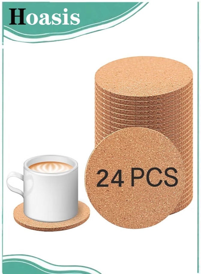 Hoasis 24 Pcs Cork Coasters for Drinks, Natural Bulk Cork Coasters Set, Heat Resistant and Absorbent Cup Coasters, Non-Slip Tabletop Protector, Blank DIY Coasters for Home Kitchen Coffee Table, 9cm Diameter - Image 1