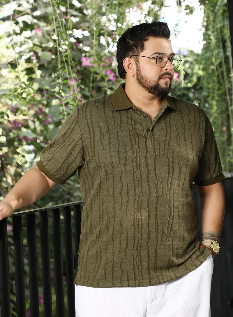 Men Crevice-Jacquard Polo T-Shirt | Ribbed Polo Neck, Short Ribbed-Cuff Sleeves | Half-Button, Straight Hem | Abstract Jacquard Knit Fabric For Plus Size Casual & Daily Wear | Olive