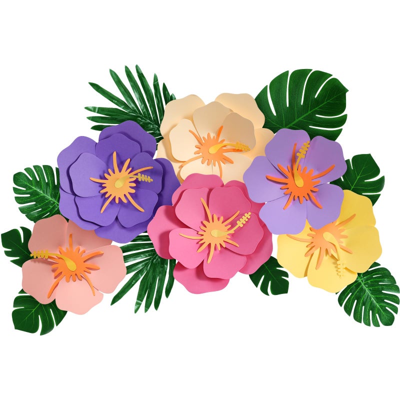 Lincia 40 Pcs Hawaiian Hibiscus Decorations Large Paper Flowers and Artificial Tropical Leaves 11879 Jumbo 3D Paper Flowers Faux Leaves for Luau Party Birthday Wedding Classic Color