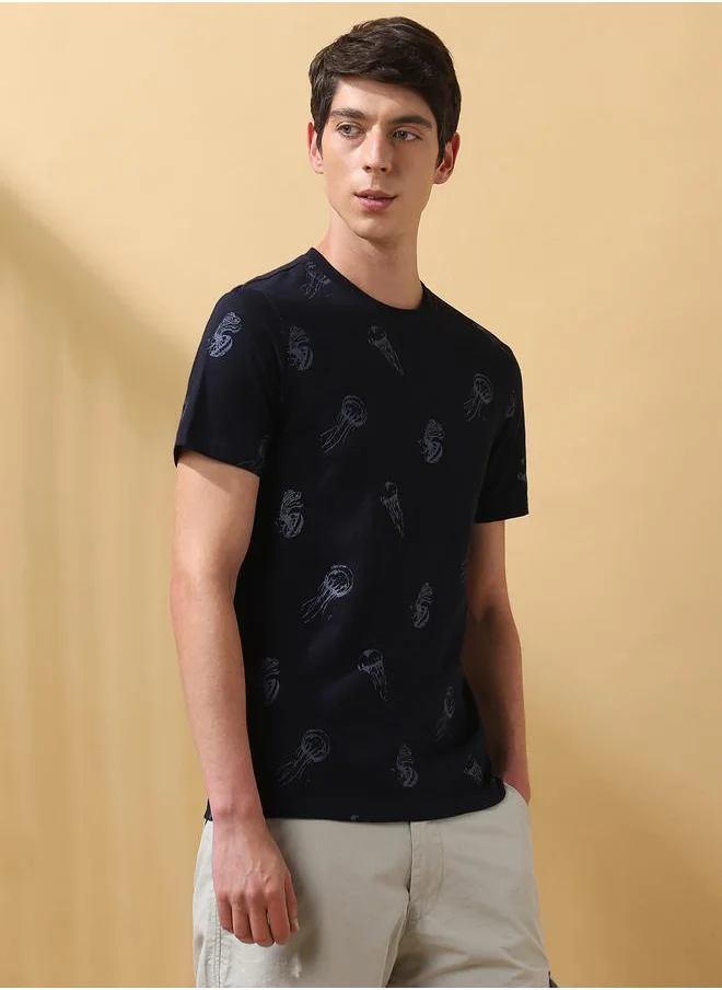Dennis Lingo Navy 100% cotton slub jersey Printed Pattern Regular Fit T-Shirts for Men with Round Neck Neckline Half Sleeves Regular Length Upper Body Wear T-shirts Knitted Weave - Perfect for Lifestyle Occasions