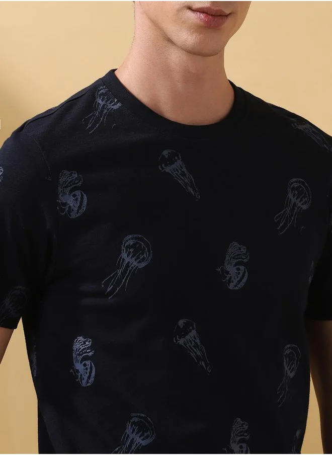 Dennis Lingo Navy 100% cotton slub jersey Printed Pattern Regular Fit T-Shirts for Men with Round Neck Neckline Half Sleeves Regular Length Upper Body Wear T-shirts Knitted Weave - Perfect for Lifestyle Occasions