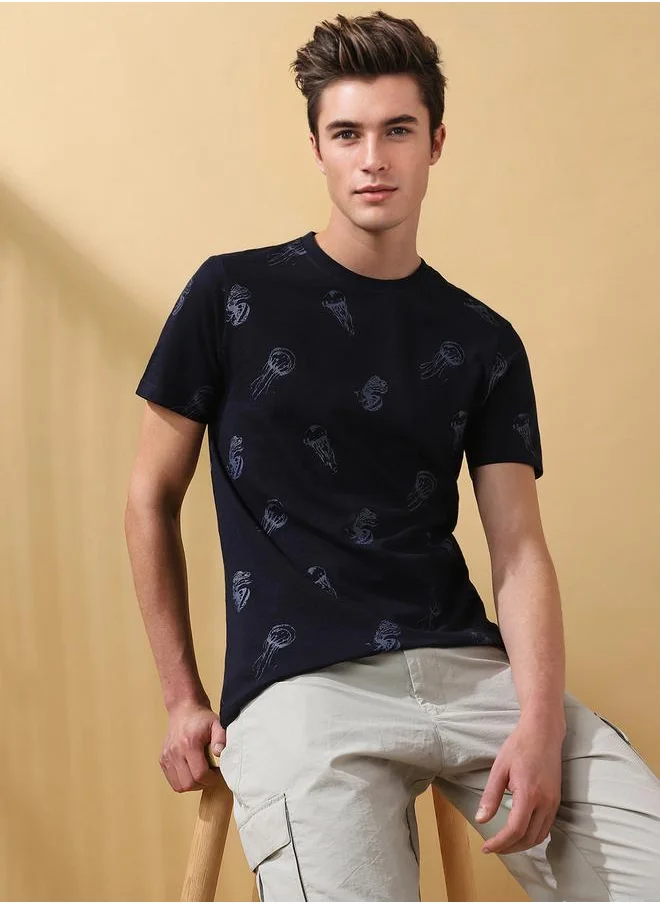 دينيس لينغو Men's Navy 100% Cotton Printed Regular Fit T-Shirt