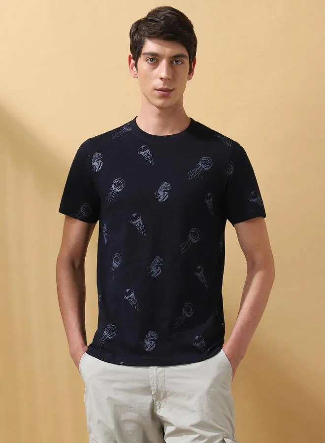Dennis Lingo Men's Navy 100% Cotton Printed Regular Fit T-Shirt