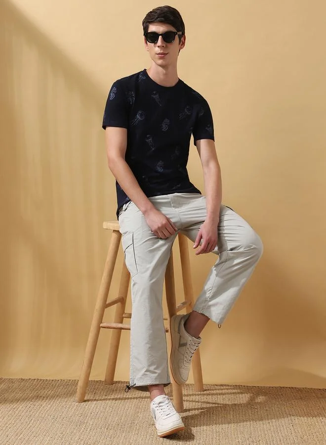 Dennis Lingo Men's Navy 100% Cotton Printed Regular Fit T-Shirt