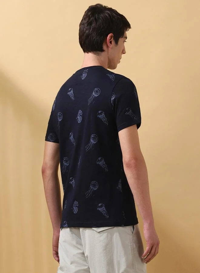 Dennis Lingo Men's Navy 100% Cotton Printed Regular Fit T-Shirt