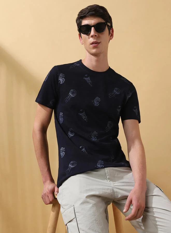 Dennis Lingo Men's Navy 100% Cotton Printed Regular Fit T-Shirt