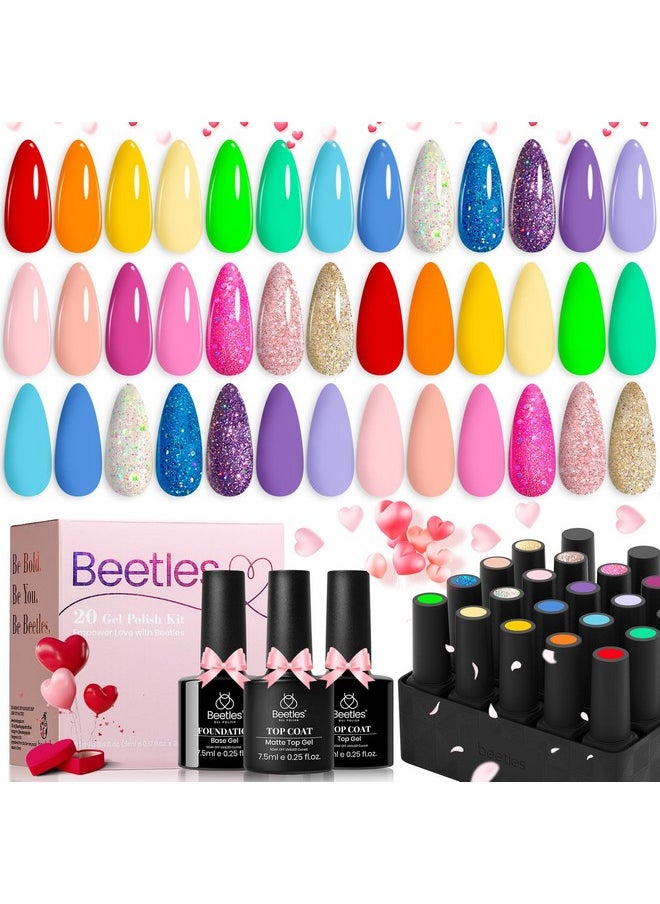 beetles Gel Polish - beetles Gel Polish Nail Set 23 Pcs 20 Colors Rainbow Summer Collection Green Pink Blue Glitter Nude Manicure Kit Valentine's Day Gift for Women with 3Pcs Base Matte & Glossy Top Coat Uv Lamp Needed - Image 1