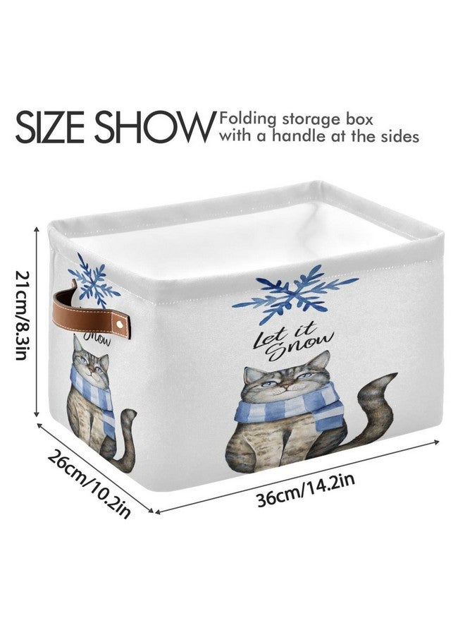 Pfrewn Christmas Winter Storage Basket Rey Cat Dressed in Blue Winter Scarf Watercolor Snowflake Phrase_let It Snow_ Collapsible Rectangular Storage Boxes Organizer Shelf Basket Toy Book Storage Bi - Image 4