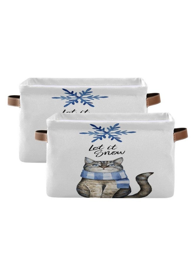 Pfrewn Christmas Winter Storage Basket Rey Cat Dressed in Blue Winter Scarf Watercolor Snowflake Phrase_let It Snow_ Collapsible Rectangular Storage Boxes Organizer Shelf Basket Toy Book Storage Bi - Image 2