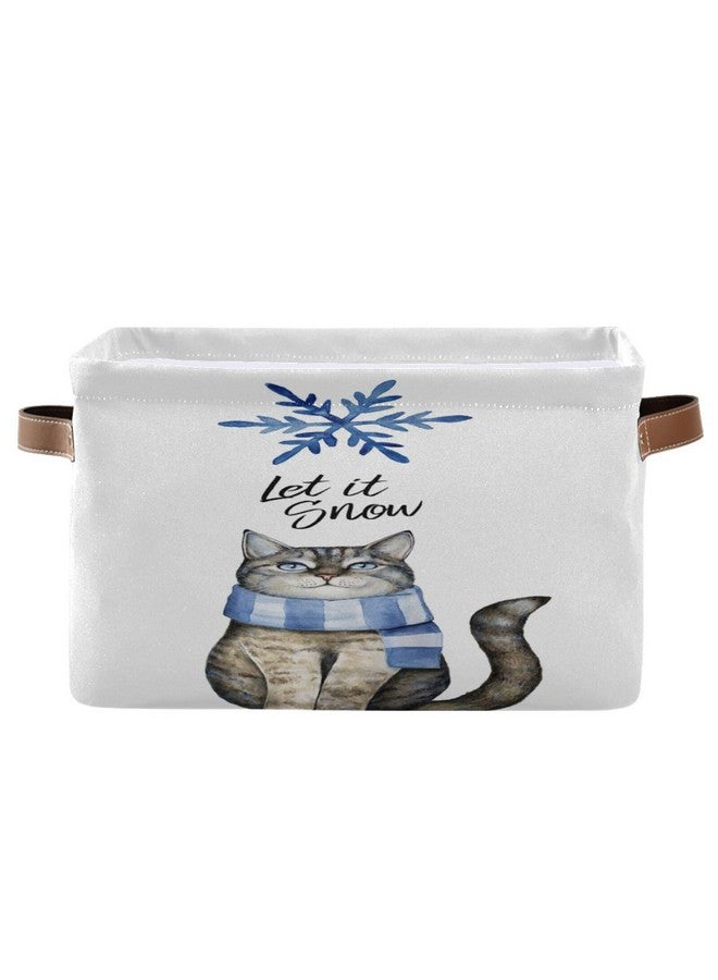 Pfrewn Christmas Winter Storage Basket Rey Cat Dressed in Blue Winter Scarf Watercolor Snowflake Phrase_let It Snow_ Collapsible Rectangular Storage Boxes Organizer Shelf Basket Toy Book Storage Bi - Image 1