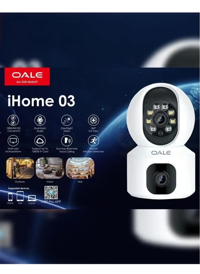 OALE - iHome 03 Security Camera Dual Track Audio Support Night Vision Motion Detect Security Camera 360 Full View Two Way Real Time Voice Calling Camera White - Image 1