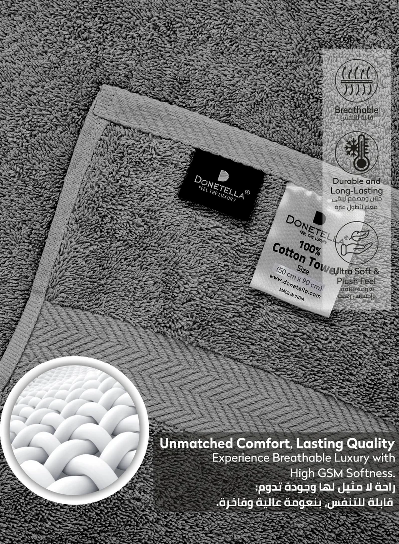 Donetella Premium 100 % Combed Cotton 4-Pcs Hand Towel Set (50 X 90 CM) 600 GSM Super Soft Hand Towel, Highly Absorbent, Quick Dry,Best Towel for Bathroom, Spa And Hotel,Grey