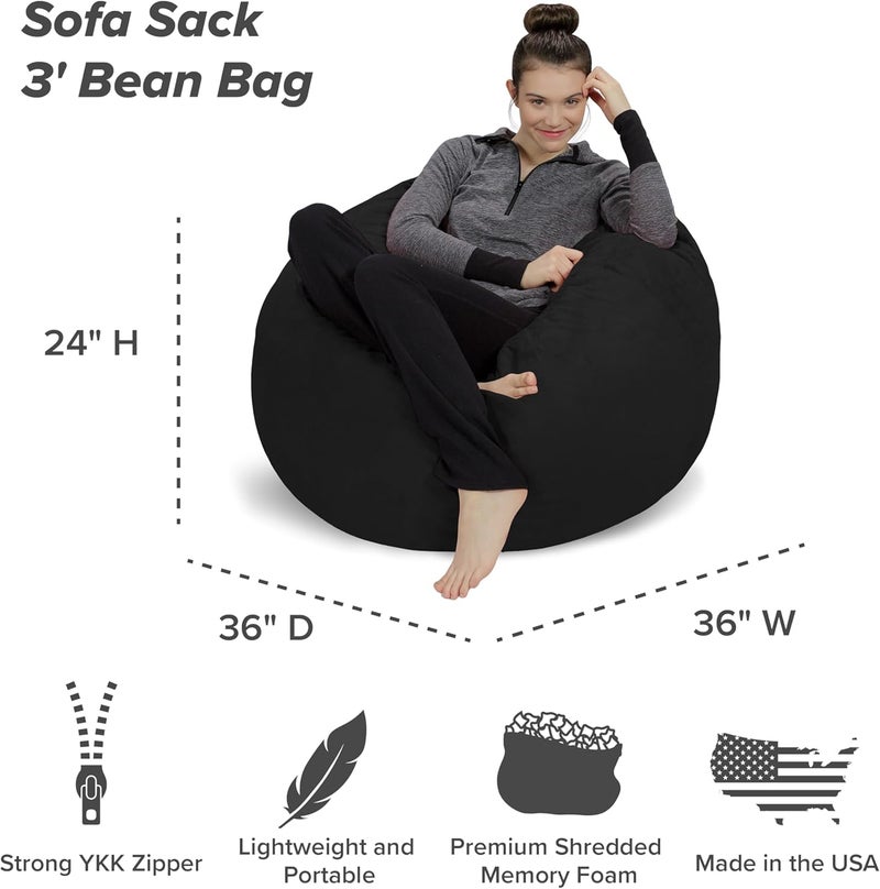 Sofa Sack Bean Bag Chair - Plush, Ultra Soft - Memory Foam Bean Bag Chair with Microsuede Cover - Stuffed Foam Filled Furniture and Accessories for Dorm Room 3 Feet - Black - Image 3