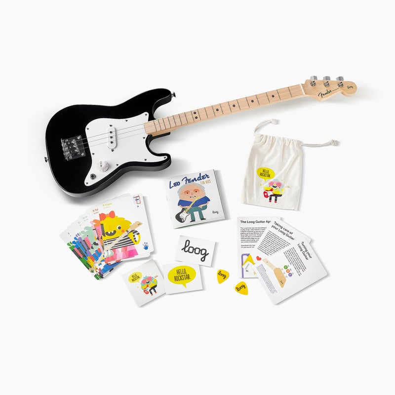 Loog Fender Loog Stratocaster 3String Electric Guitar for Kids Beginner Guitar Includes Chord Flash Cards Learning App Educational Booklet Picks and Stickers Black - Image 2