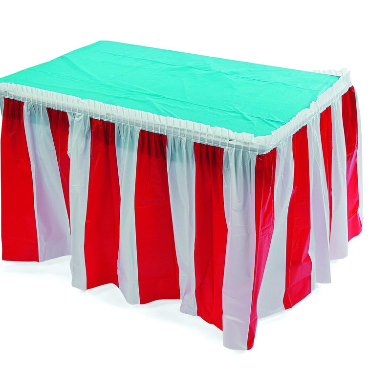 Fun Express Red and White Striped Table Skirt (1 Piece) Carnival & Event Party Supplies  Birthday Decorations  Patriotic Decor  14 Feet x 29 Inches - VBS Vacation Bible School Supplies/Decor - Image 1