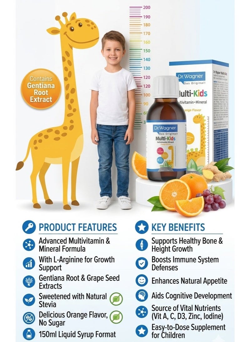Dr.Wagner Multi-Kids Multivitamin + Mineral Syrup 150ml - Orange Flavor with L-Arginine, Gentiana Root & Stevia | Supports Appetite, Growth & Immunity for Kids - Image 2