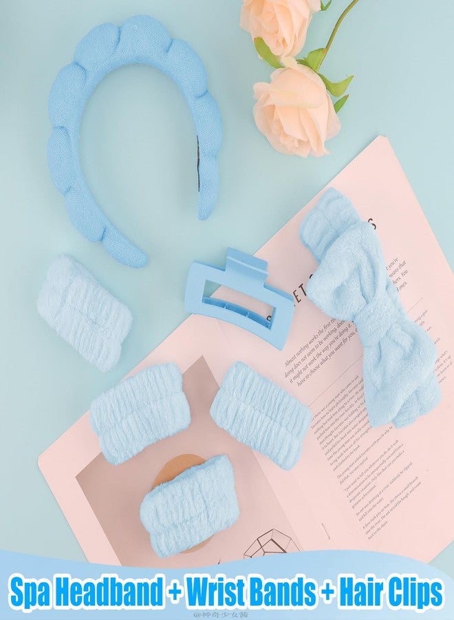 Canitor Spa Headband Wrist Bands Hair Clips Set Skincare Makeup Self Skin Care for Women Washing Face College Grandkids Clean Girl Gifts Cute Trendy Stuff Aesthetic Things Blue Stocking Stuffers - Image 4
