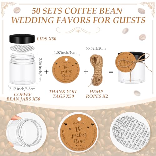 FoldTier 102 Pcs Coffee Bean Wedding Favors for Guests 50 Coffee Bean Jars with Lids 50 Thank You Tags Wedding Tags with Hemp Ropes Thank You Gifts No Beans - Image 3