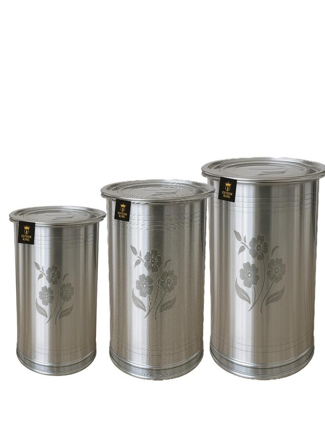 Esteem King Stainless Steel Storage Box Drum with Laser Etching Aata Rice Drum Food Storage Containers Steel Tanki Steel Dabba Keeper for Kitchen Food Items (Pack of 3) (10Kg,18Kg,25Kg) - Image 1