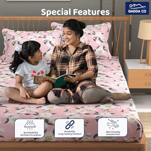 GADDA CO Cotton Feel Glace Premium Cotton Elastic Fitted Printed King Size Double Bed Bedsheet with 2 Pillow Covers, Double Bed Bedsheet -72x78 Inch, Light Pink with Multicolor Floral Design, 300 TC - Image 4