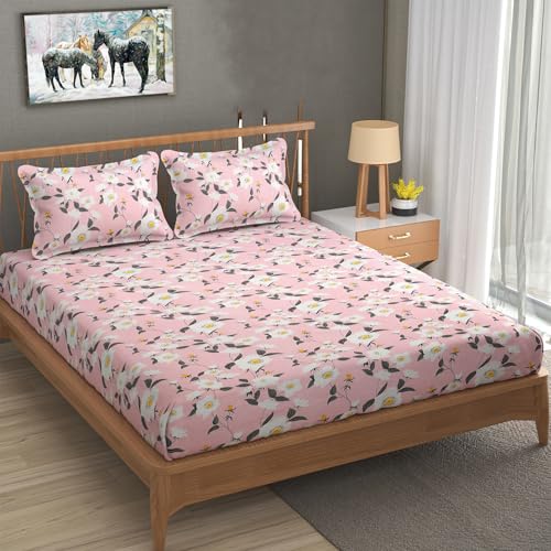 GADDA CO Cotton Feel Glace Premium Cotton Elastic Fitted Printed King Size Double Bed Bedsheet with 2 Pillow Covers, Double Bed Bedsheet -72x78 Inch, Light Pink with Multicolor Floral Design, 300 TC - Image 1