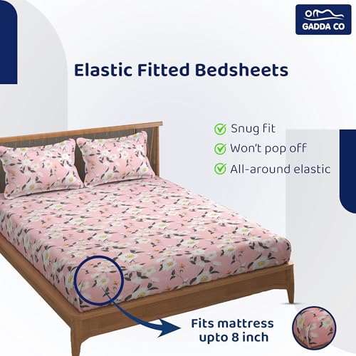 GADDA CO Cotton Feel Glace Premium Cotton Elastic Fitted Printed King Size Double Bed Bedsheet with 2 Pillow Covers, Double Bed Bedsheet -72x78 Inch, Light Pink with Multicolor Floral Design, 300 TC - Image 3